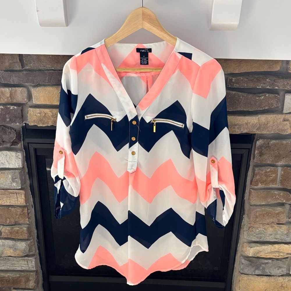 Rue21 Chevron Blouse - Pink, Navy, and White